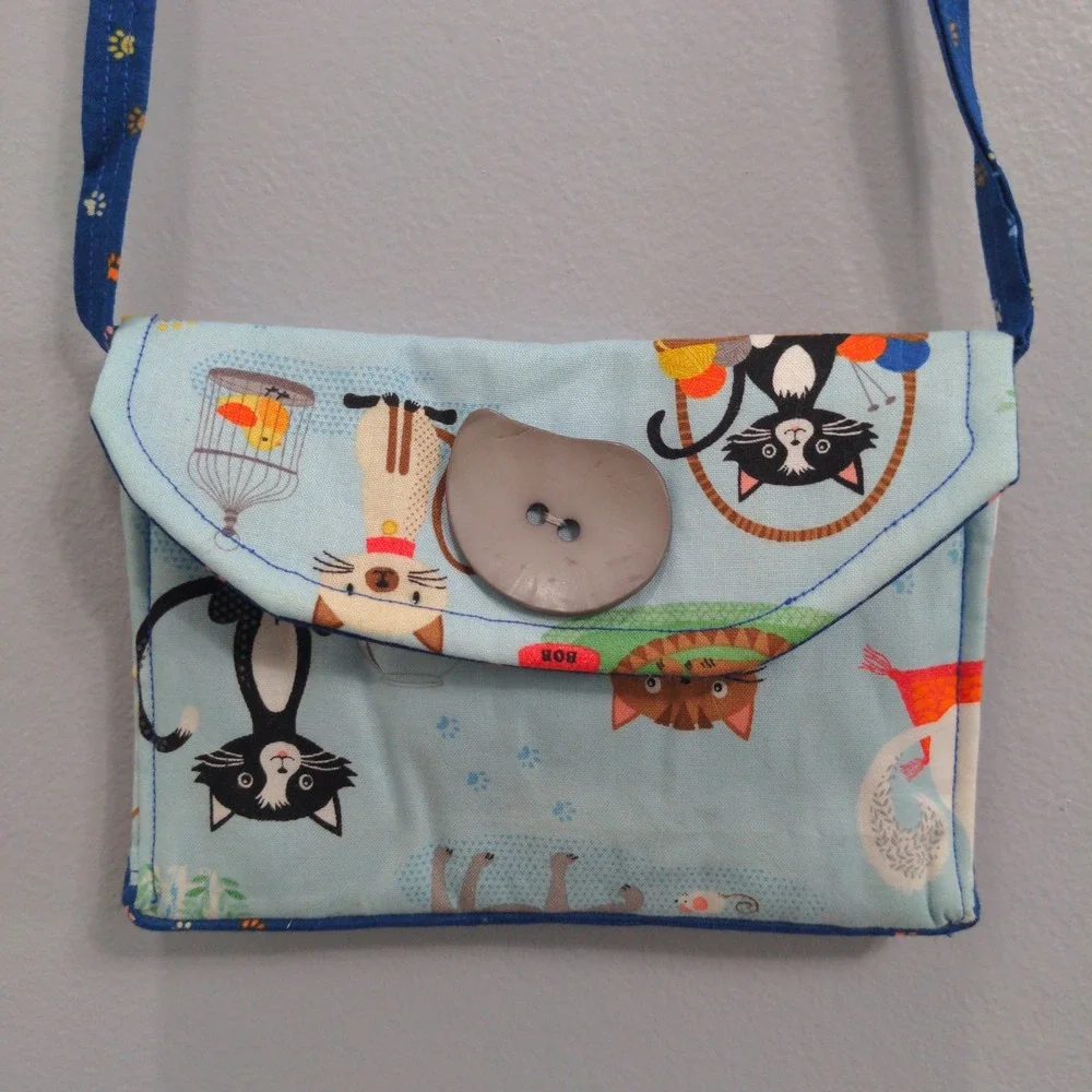 Handmade Fabric Cat Print Crossbody Bag Blue Kitten Paw Print Small Shoulder Bag